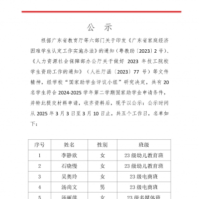 2024-2025學年第二學期國家助學金推薦公示